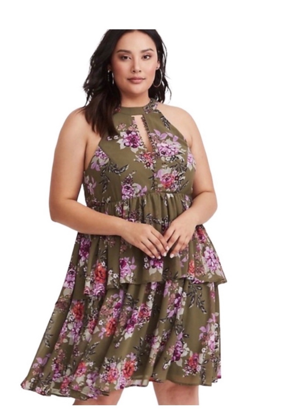 Torrid Dress Floral Olive Green Tiered Halter A Line Sleeveless Keyhole Size 1X - Picture 1 of 8
